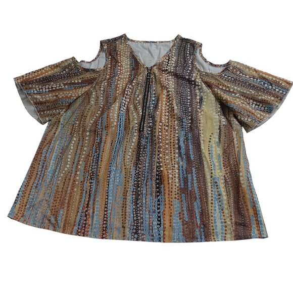 SHEIN Tops - Shein Brown Blue Cold Shoulder Blouse Abstract Dot Print Top Women Size XL 12